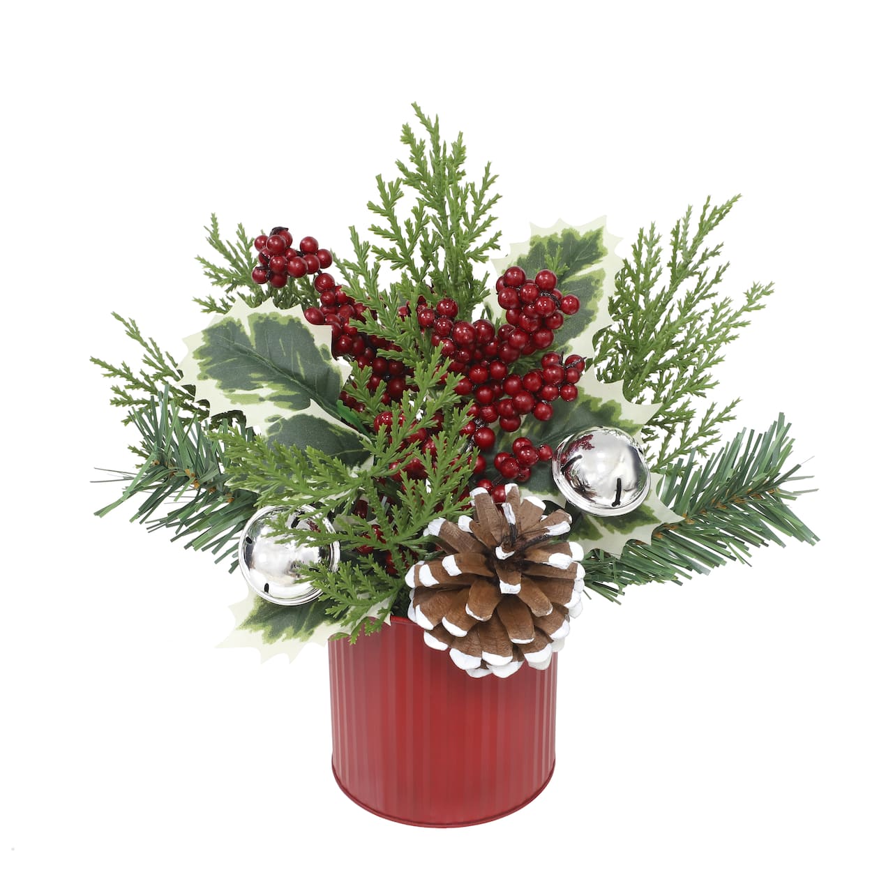 10.5" Green Pine, Red Berry & Silver Bell Arrangement with Pine Cones in Red Metal Pot by Ashland®